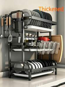 Escurreplatos de acero inoxidable resistente de 3 niveles para sobre el fregadero, organizador de encimera de cocina antideslizante, de gran capacidad y resistente a la corrosión, con escurridor extraíble y soporte para utensilios, cuchillos, vasos y tabla de cortar, ahorra espacio y es fácil de limpiar | Organizador Cocina Kitchen Essentials - Negro (versión engrosada) - Ver 1
