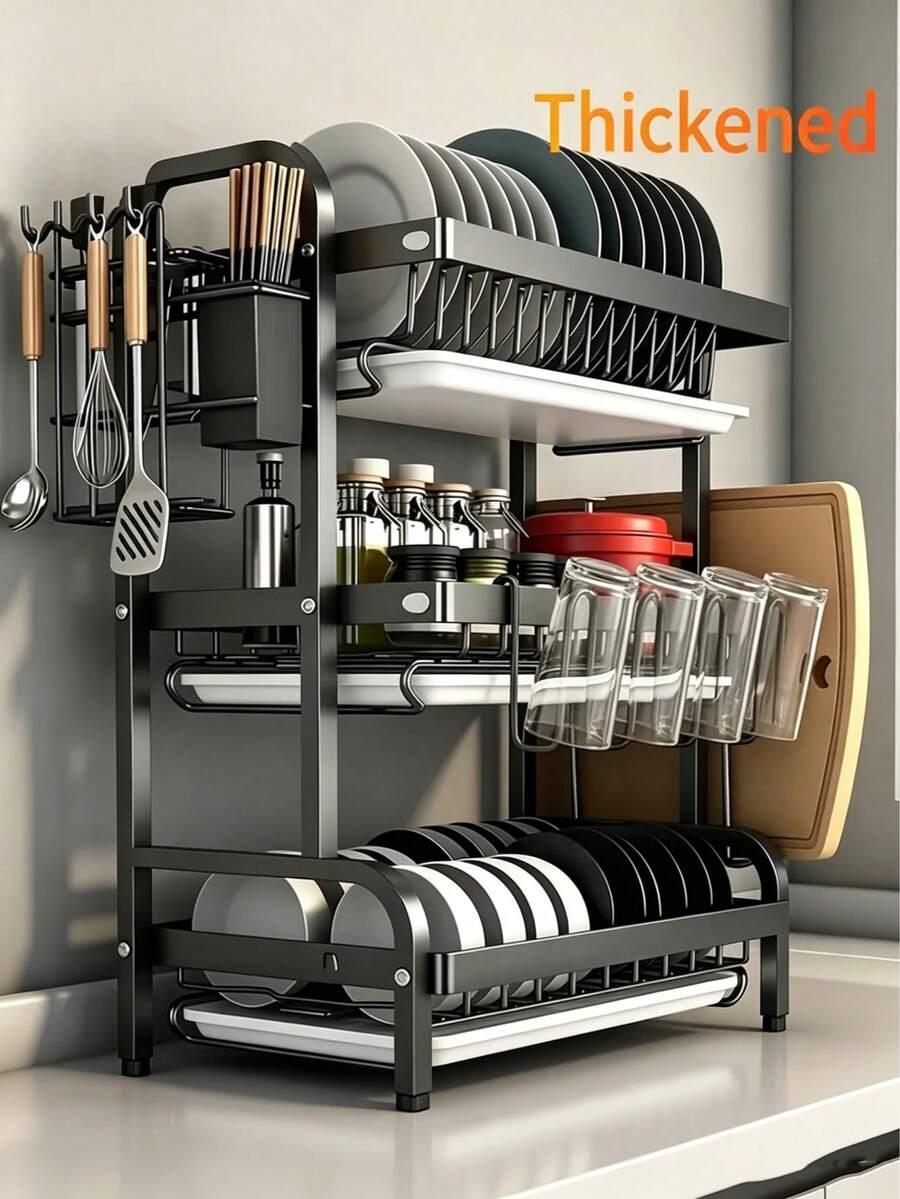 Escurreplatos de acero inoxidable resistente de 3 niveles para sobre el fregadero, organizador de encimera de cocina antideslizante, de gran capacidad y resistente a la corrosión, con escurridor extraíble y soporte para utensilios, cuchillos, vasos y tabla de cortar, ahorra espacio y es fácil de limpiar | Organizador Cocina Kitchen Essentials - Negro (versión engrosada) - Ver 1