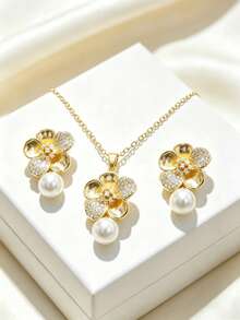 1 Set Stainless Steel Chain Zirconia Flower Pendant Women's Fashion Necklace & Earrings Jewelry, Gift Accessory - Style D - View 2