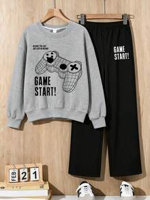 2pcs/Set Boys Round Neck Long Sleeve Sweatshirt With Game Controller Graphic And Minimalist Wide Leg Pants, Autumn/Winter New Daily Outfit - Grey - View 3