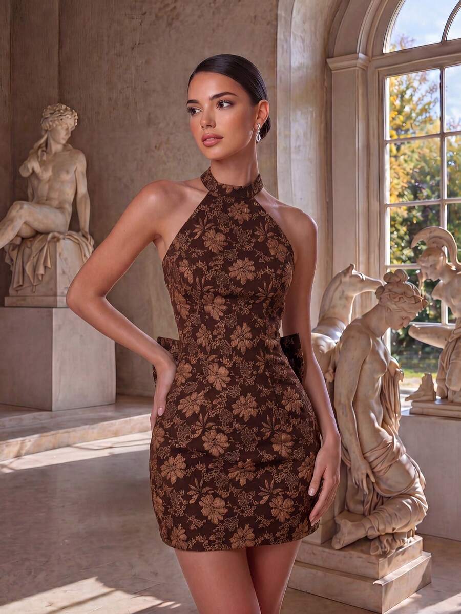 ADYCE Vestido Curto de Festa Elegante com Ombros à Mostra, Cintura Alta, Decote Nas Costas e Laço, Adequado para Baile, Festa de Aniversário, Festa à Noite, Encontro, Formatura, Convidado de Casamento, Jantar Formal, Feriado em Família - Café - Visão 1