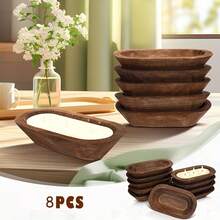 5/8Pcs Rustic Hollow Wooden Dough Bowls, Hand-Carved Wood Bowl Trays For Candle Making, DIY Crafts And Fruit Storage, Farmhouse Table Centerpiece For Home, Wedding, Party Decor, Thanksgiving & Holiday Gift - View 9