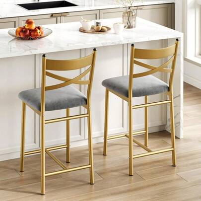 Beaully Home Bar Stools Set Of 2, Barstools Counter Height Chairs With Upholstered Thick Cushion Seat & Footrest, Metal Bar Height Stools For Kitchen Island Dining Room Apartment Balconybar
