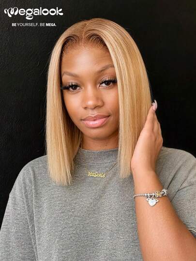 MEGALOOK 6x5 Lace Frontal Bob Wig Honey Blonde Ombre Highlights Silky Straight 100% Human Hair 200% Density Pre Plucked Natural Hairline Glueless Short Bob Human Hair Beginner Friendly