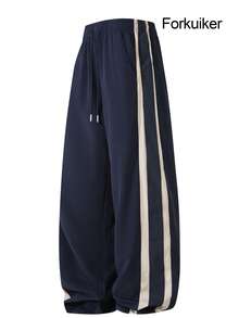 Men's Navy Blue Wide Leg Track Pants With Contrast Side Stripes, Elastic Drawstring Waist Retro Casual Streetwear Sweatpants - Navy Blue - View 5
