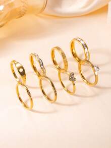 8pcs Fashionable Luxury Geometric Square Rhinestone & Heart 18k Stainless Steel Rings, Suitable For Women's Daily Or Party Wear - Ring Set - View 4