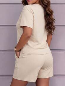 2pcs Women Casual Round Neck Short Sleeve T-Shirt And Shorts Set, Medium Stretch Fabric Summer - Apricot - View 5