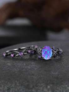 2pcs/Set Vintage Purple Oval Cut Synthetic Opal & Leaf Design Gunmetal Black Plated Rings, Suitable For Holiday Parties And Daily Wear, All Seasons - Purple - View 2