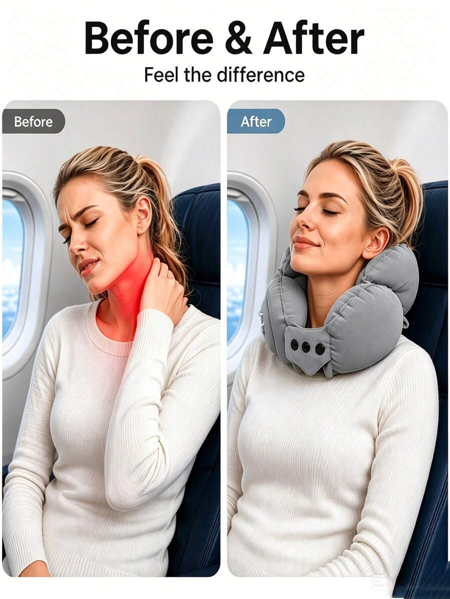 U-Shaped Inflatable Neck Pillow With Automatic Neck Support, Portable, Multi-Angle Adjustable, Quick-Release Buckle, Suitable For Travel, Home, Office And Car Use, Great Gift Recommendation For Holidays And Outdoor Activities - Multicolor - View 1