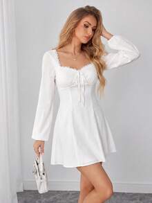 PARTHEA Cute White Long Sleeve Backless Sundress For Women, Sweetheart Neck Short Mini Dress With Frill Detail And Lace Trim - White - View 6