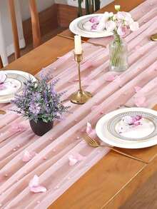 1件珍珠蝴蝶蕾絲桌旗，適用於節日派對、婚禮、洗禮、居家餐桌裝飾 - 多色 - 查看 3