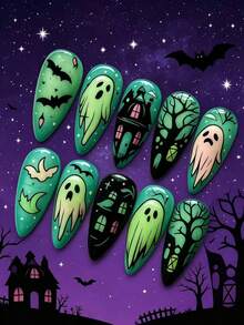 10pcs Halloween Lime Moonlight Castle Ghost Hand-Painted Gradient Green Ghost Haunted House Bat Dark Style Soft Reusable Press-On Nails - 綠色 - 查看 1