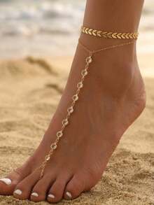 2pcs Minimalist Fashion Personalized Transparent Glass Round Disc Fish Tail Chain Women's Toe Anklet, Summer Beach Vacation Accessory - Gold - View 5