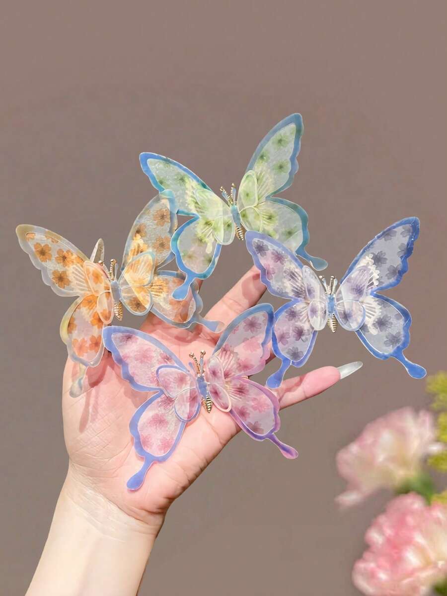 6pcs Random Assorted Translucent Butterfly Hair Clips, Floral Print Clear Hair Clips, Sweet Daily Hair Accessories For Girls - Multicolor - View 1