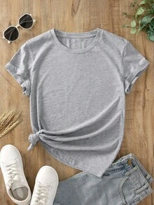 SuriyaCove Women's Solid Color Round Neck Short Sleeve T-Shirt - Light Grey - View 1