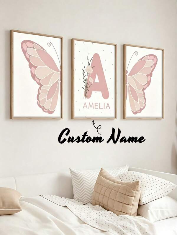 Custom 3PCS Frameless Waterproof Canvas Prints, Personalized Initial & Name Morandi Pink Butterfly Wall Art For Kids Bedroom Decor Gift