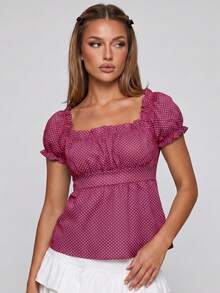 Women Summer Blouses Casual Stylish Dotted Pattern Ruffled Trim Slim Fit Shirts Square Neck Bubble Short Sleeve Tops - Morado - Ver 4