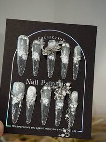 10pcs/Set Handmade Press-On Nail Tips, Millennial Style Stiletto False Nails, Silver Cat-Eye Gel Nail Stickers With Flower, Rhinestone And Bow Elements. Perfect For Parties And Daily Wear. Suitable For Women And Girls. Handcrafted Nail Decorations. - 彩色 - 查看 1