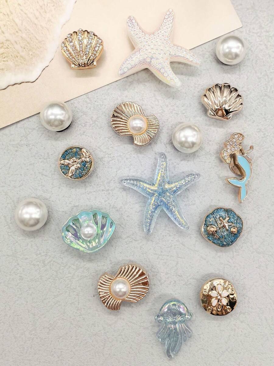 16件海洋沙灘海星ABS鞋飾 DIY裝飾 閃亮水鑽美人魚貝殼洞洞鞋扣飾配件 仿珍珠鞋夾
