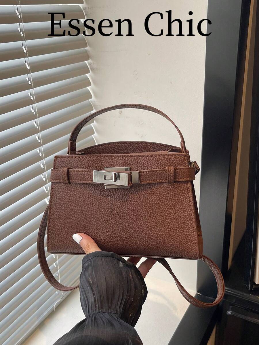 1pc Brown New Strap Decor Solid Color PU Small Square Handbag For Women