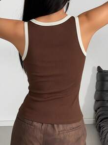 1pc Women's Basic Minimalist Casual Contrast Trim Ribbed Knit Tank Top, Round Neck Sleeveless Slim Fit Brown Camisole - Coffee Brown - View 7