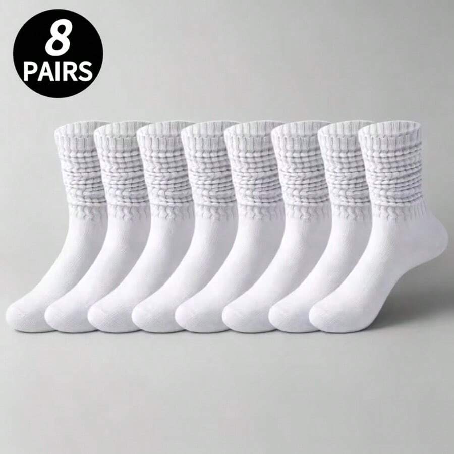 8 Pairs Unisex White Slouch Socks, Japanese School Style Versatile Mid-Calf Socks, High Elasticity Non-Binding Non-Slip, Long-Lasting Wear Without Slipping, Suitable For Sports And Daily Wear - Hand Washable Solid Color Socks, Suitable For Training And Casual - Multicolor - View 1