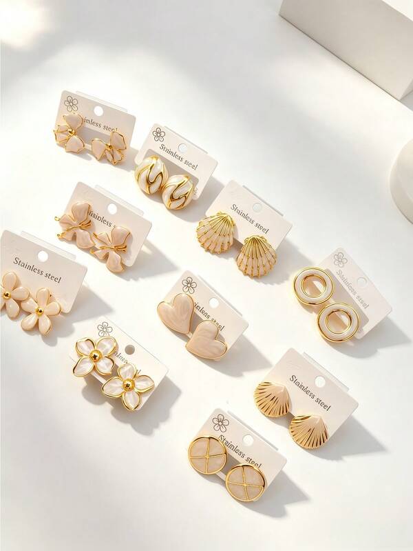 4/8/12-Piece Set Of Stainless Steel White Shell Heart Earrings, Women's Jewelry, Elegant Earrings, Soft And Romantic Design, Elegant Everyday Style.