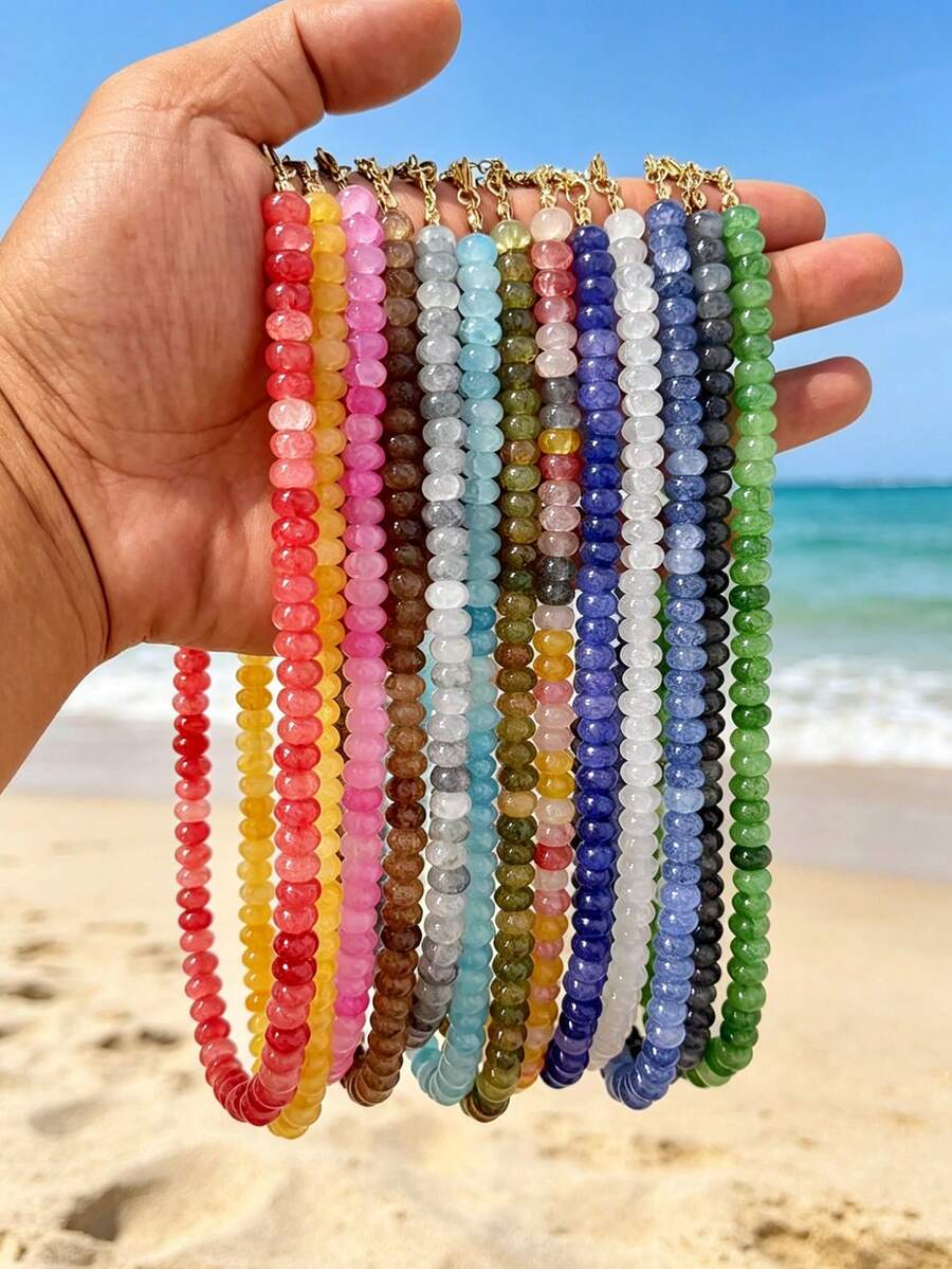 1pc European & American Bohemian Faux Stone Abacus Bead Beaded Necklace With Stainless Steel 18K Gold Plated Accessories, For Summer Beach Holiday - Handmade Beaded Faux Stone Stainless Steel Necklace - View 1