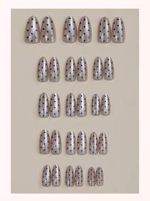 30pcs Cat Eye Nude Press-On Nails, Medium Almond Shape Acrylic Fake Nails With Black Polka Dot Decor, Elegant Minimalist Style, Suitable For Daily Commute, Dating, Office, Party, Photography, Nail Salon Use, Reusable, Includes 1 Gel And 1 Nail File - Multicolor - View 2