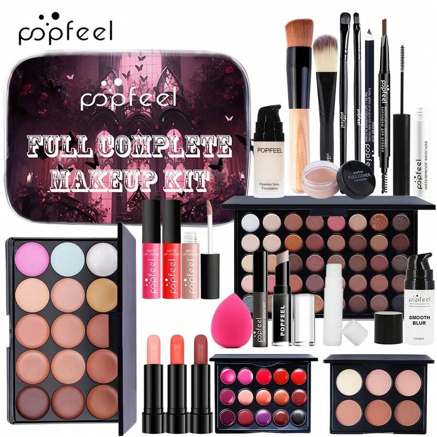 Popfeel 全方位彩妝套組，包含眼影、口紅、臉部彩妝與工具，易暈染且持久，附便攜收納包，適合初學者、日常、約會與旅行使用