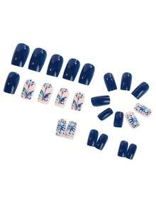 24pcs Medium European Square Fake Nails, Royal Blue And Silver Floral Contrast, Elegant And Exquisite, Brightening And Skin-Flattering, Full Coverage Removable Women's Manicure Set, Suitable For Parties, Balls And Daily Wear - Blue - View 4