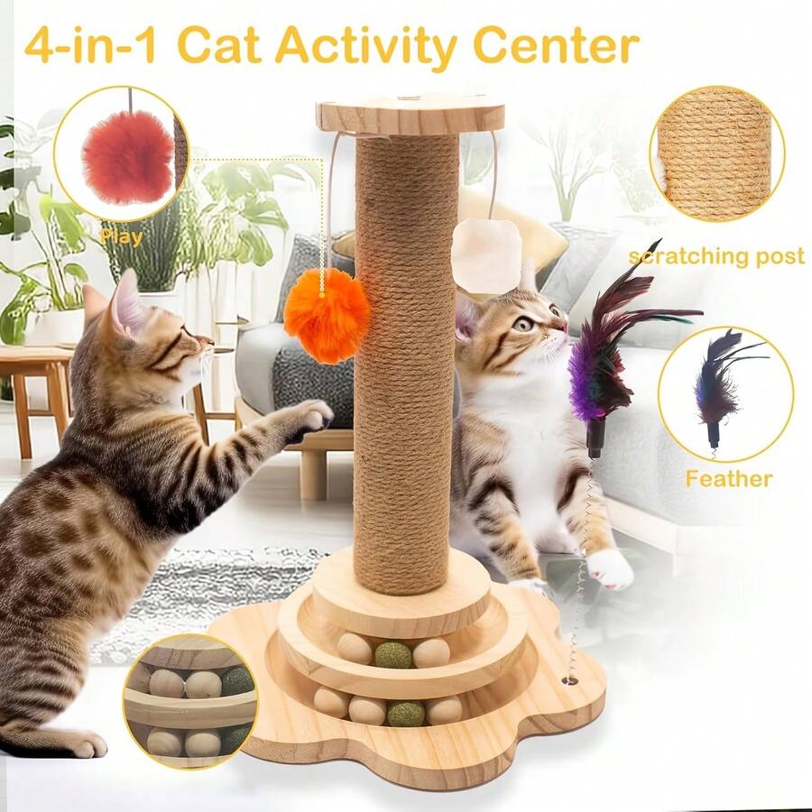 4-In-1 Cat Scratching Post, Interactive Cat Toy, Durable And Multifunctional Cat Scratching Post For Self-Entertainment, Sturdy Anti-Tipping Base, Non-Slip Mat For Cat Paw Care And Play, Suitable For Kittens And Adult Cats. Sisal Scratching Post. - Cat Picking Pillar - View 1