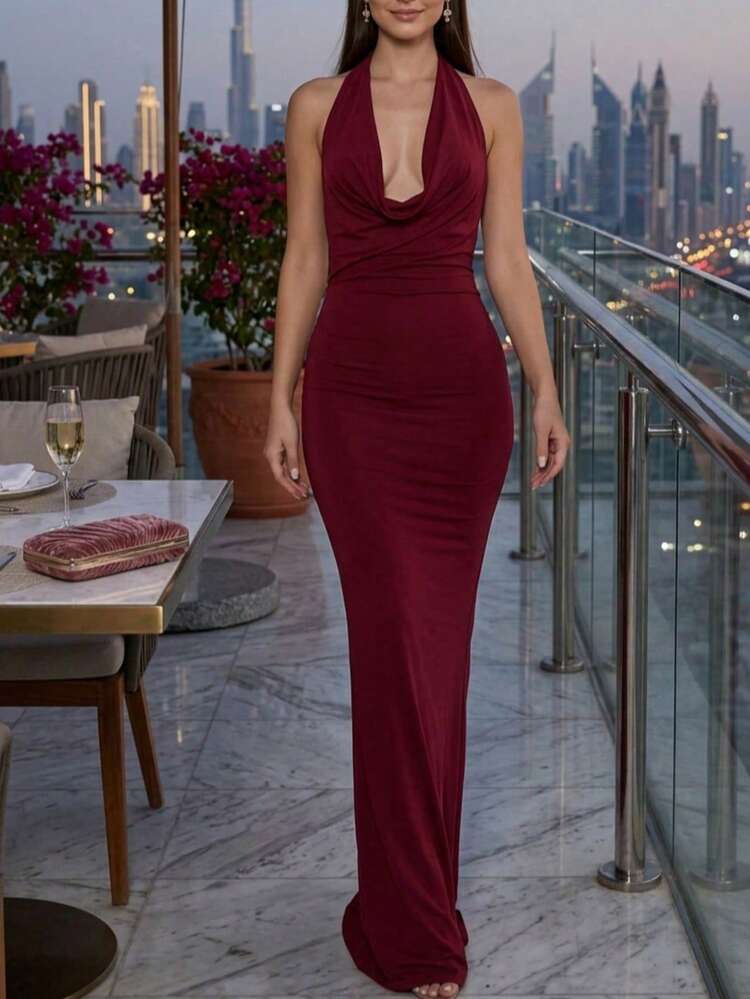 1pc Wine Red Halter Draped Neck Bodycon Mermaid Dress, Elegant For Spring/Summer/Autumn Occasions, Weddings, Parties, Romantic Vacations