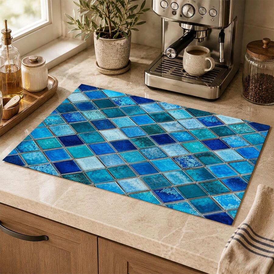 1pc Plaid Pattern Diatomaceous Earth Drying Mat, Non-Slip Heat-Resistant Absorbent Mat, Suitable For Kitchen Countertop, Coffee Machine, Tableware, Home Cafe Bar Party Decor Placemat Gift - Multicolor - View 1