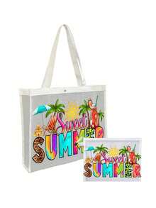 網格托特包套組，印有彩色「Sweet Summer」與遮陽扇、飲料、太陽、椰子樹圖案，網格化妝包，沙灘手提包，休閒度假包，可折疊大容量游泳沙灘包，化妝品收納包，夏季必備，適合學校、度假、假期和返校使用，送給朋友和老師的禮物，理想的返校季禮物 - 彩色 - 查看 16