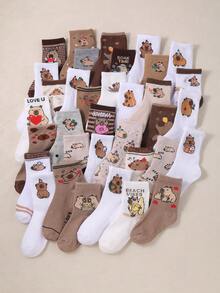 20 Pairs College Style Y2K Capybara Pattern Mid-Calf Socks, Fun Cartoon Animal Pattern Aesthetic Mid-Calf Socks, Suitable For School Daily Wear - Multicolor - View 7