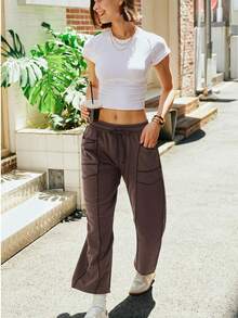 Women's Barrel Leg Sweatpants High Waisted Wide Leg Athletic Pants With Drawstring, Casual Loose Fit Lounge Sweatpants For Women, Yoga Baggy Joggers - 咖啡棕 - 查看 4