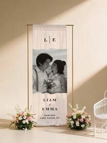 Custom Photo Satin Wedding Welcome Banner, Personalized Wedding Text Date Location Wall Hanging, Photo Booth And Reception Door Decor, Suitable For Modern White Style - Multicolor - View 7