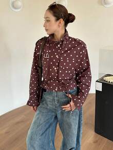 Women's Polka Dot Utility Jacket, Sexy Waist-Cinching Short Jacket, Small Stand Collar, Casual Layering Versatile Retro Motorcycle Jacket Vacation - Brown With White Polka Dots - View 8