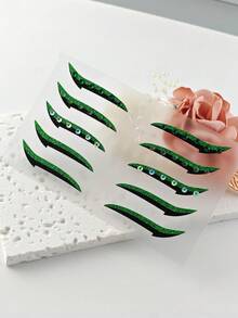 1pc Dark Green Black Rhinestone Eyeliner Face Decoration Sticker, Diamond Eyeliner Sticker, Reusable Eyeliner Sticker, Easy To Use, Suitable For Women's Makeup And Eye Decoration - 彩色 - 查看 7