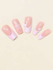 24pcs Long Square Press-On Fake Nails, 3D Gel Flower, 3D Water Ripple, Shiny Rhinestone, White French Full Coverage Artificial Nail Set, Includes Jelly Glue And Mini Nail File, Suitable For Women And Girls Daily Wear, Party, Shopping, Date, DIY, Jelly Glue Randomly Sent - Multicolor - View 4