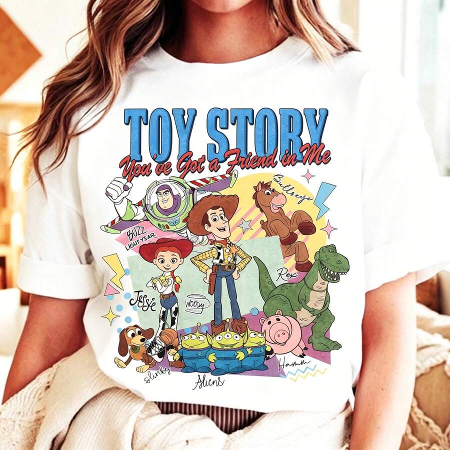 Disney Toy Story Vintage Tee To Infinity And Beyond Retro Graphic Print, Classic Woody Buzz Lightyear Short Sleeve Top, 100%Cotton Oversized T-Shirt - 白色 - 查看 1