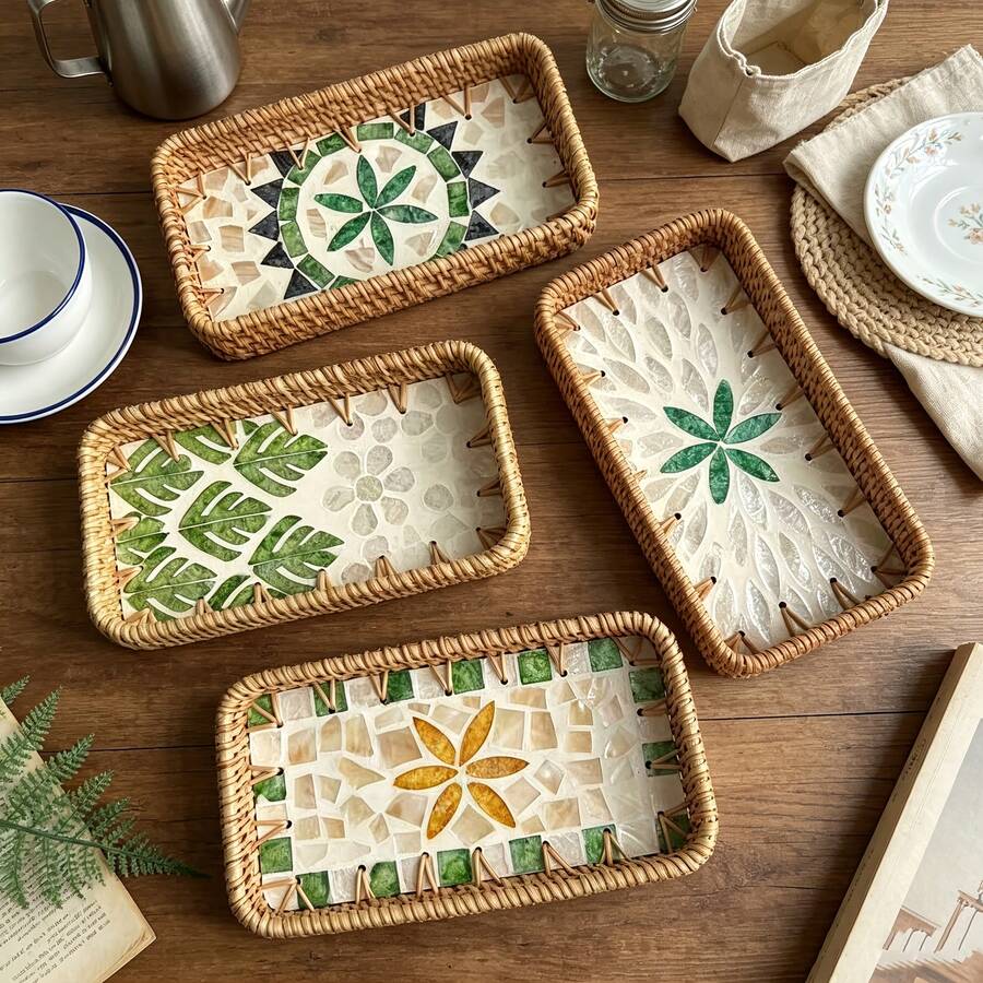 1个手工编织藤条托盘，饰以彩色贝壳和花卉图案（8.66x4.72英寸） - 长方形敞口INS风格奢华复古收纳盒，多用途，适用于厨房/餐厅/咖啡桌，天然耐用 - 彩色 - 查看 1