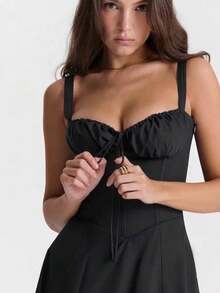 Sexy Women Midi Dress, Corset Bustier Spaghetti Strap Summer Dress With Slit, Floral/Plain Sundress For Vacation Beach Outfit, Party, & Casual Wear - 黑色 - 查看 2