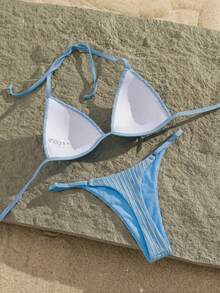Set Bikini Putih Bertekstur Seksi untuk Wanita, Atasan Segitiga Berumbai + Bawahan Renang Pinggang Rendah, Perlengkapan Pesta Pantai, Pakaian Renang Liburan Musim Panas yang Wajib Dimiliki - Biru - View 4