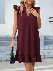 Dresses Women Summer Cap Sleeve V Neck Ruffled Hem Solid Smock Casual Mini Sundress - Burgundy - View 4