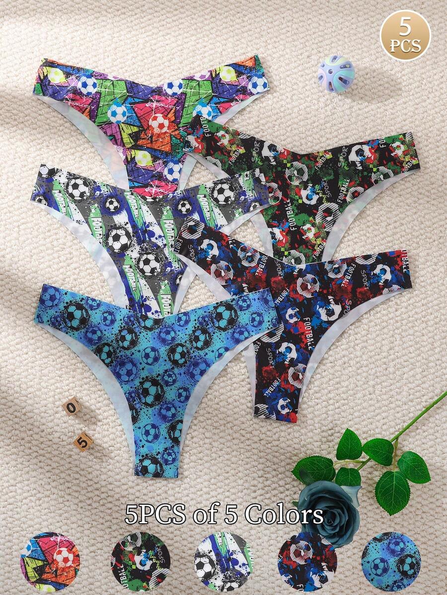 Set de 5 piezas | Tanga para mujer con estampado total de bloques de color estilo graffiti de fútbol callejero, corte ajustado sin costuras, tela suave como nube, lisa y ajustado, borde con dobladillo sin enrollar, esencial para el outfit diario de chica con estilo personalizado - Multicolor - Ver 1