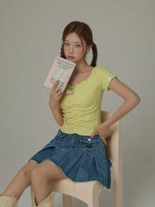 CHUU Women's Ruched Slim Fit T-Shirt, Spring 3D Cherry Sweet Youthful Chic Versatile Top - Yellow - View 5