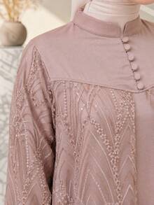 Women's Solid Color Embellished Long Sleeve Islamic Formal Dress Fall - Champagne - View 5