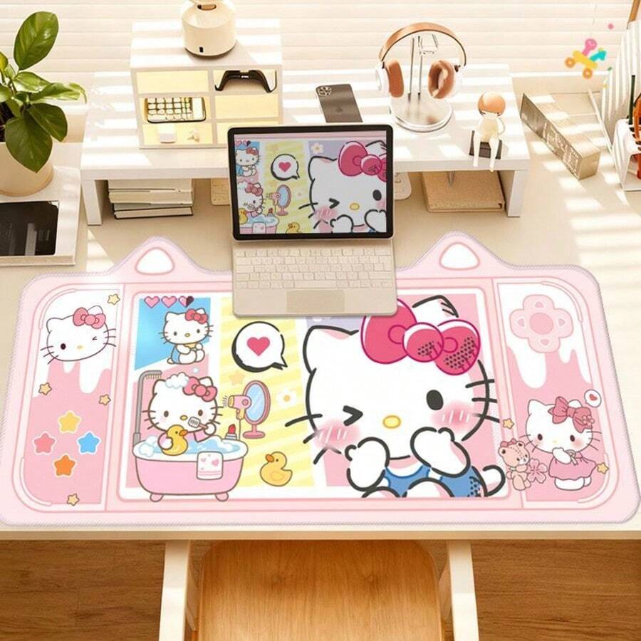 SANRIO 三麗鷗 Hello Kitty 大尺寸電競桌墊 & 滑鼠墊 - 防滑可水洗橡膠底,印有卡通愛心與星星圖案,適合辦公室與電競空間 - 給粉絲的完美禮物,動漫主題滑鼠桌墊 - 查看 1